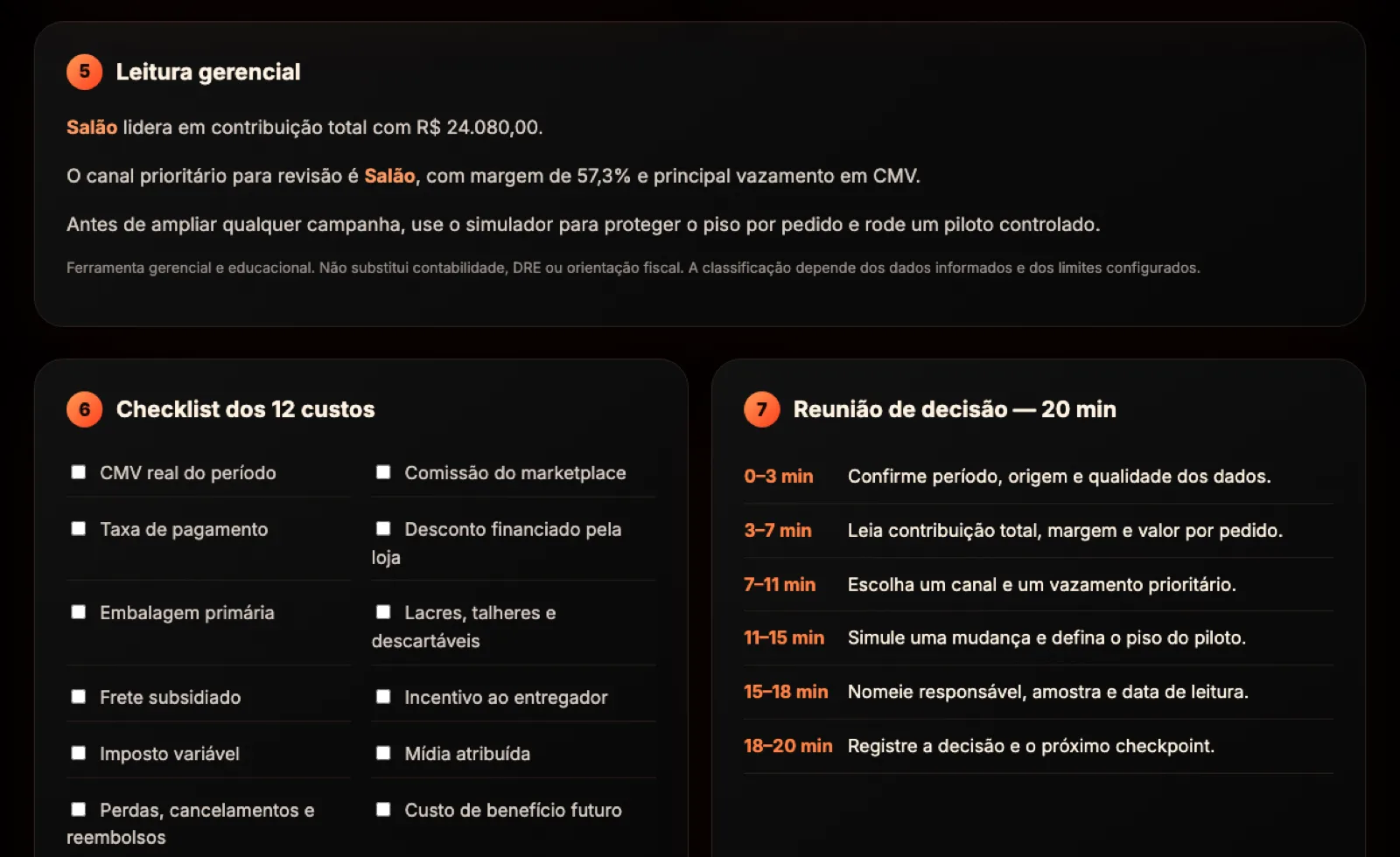 Telas reais da leitura gerencial, checklist e reunião de decisão